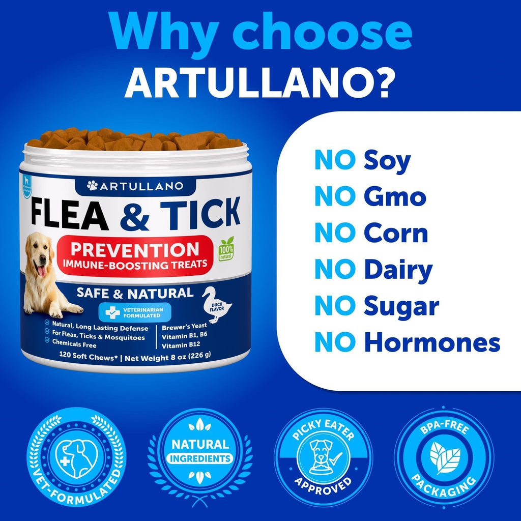 Flea and Tick Prevention for Dogs Chewables   Made in USA   Natural Flea and Tick Supplement for Dogs   240 Immune Support Chews (2 Pack)   Vitamins B1 B6 B12   All Breeds and Ages