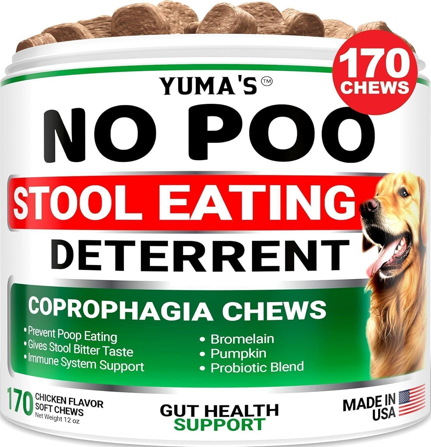 No Poo Chews for Dogs   170 Ct   Coprophagia No Poop Eating Deterrent for Dogs   Stop Eating Poop for Canine   Probiotics & Digestive Enzymes Supplement   Made in USA