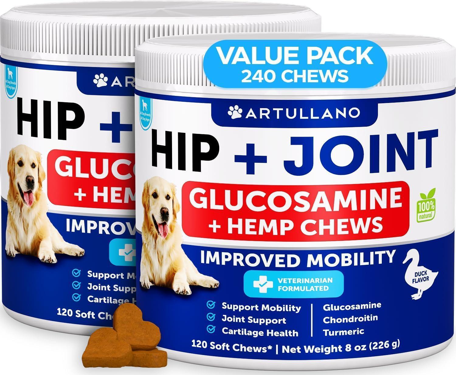 Hemp Hip and Joint Supplement for Dogs   Glucosamine for Dogs Joint Pain Relief   MSM   Mobility Support   Hemp Chews with Chondroitin   Canine Cartilage Health   240 Chewable Soft Treats (2 Pack)