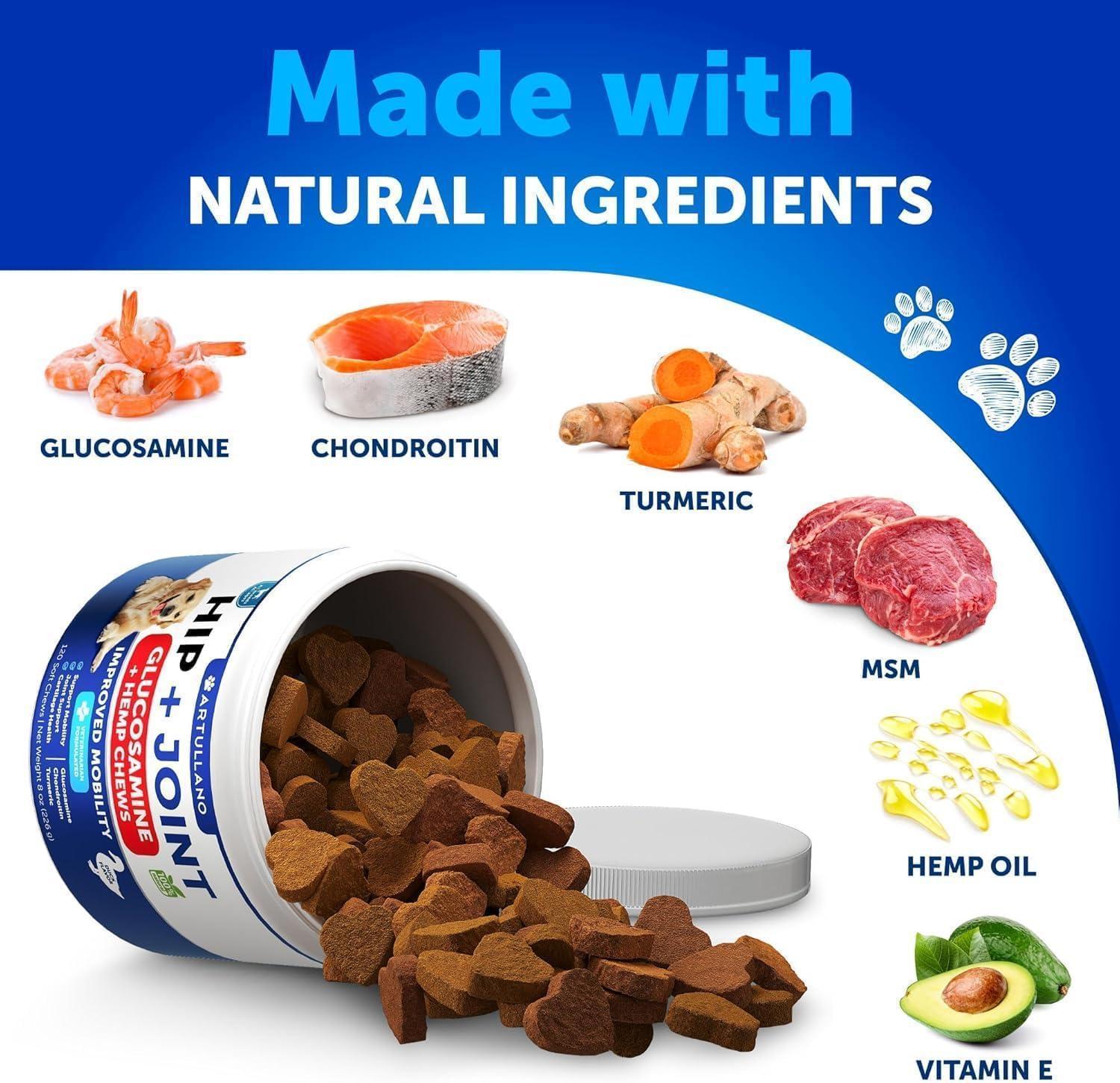 Hemp Hip and Joint Supplement for Dogs   Glucosamine for Dogs Joint Pain Relief   MSM   Mobility Support   Hemp Chews with Chondroitin   Canine Cartilage Health   240 Chewable Soft Treats (2 Pack)