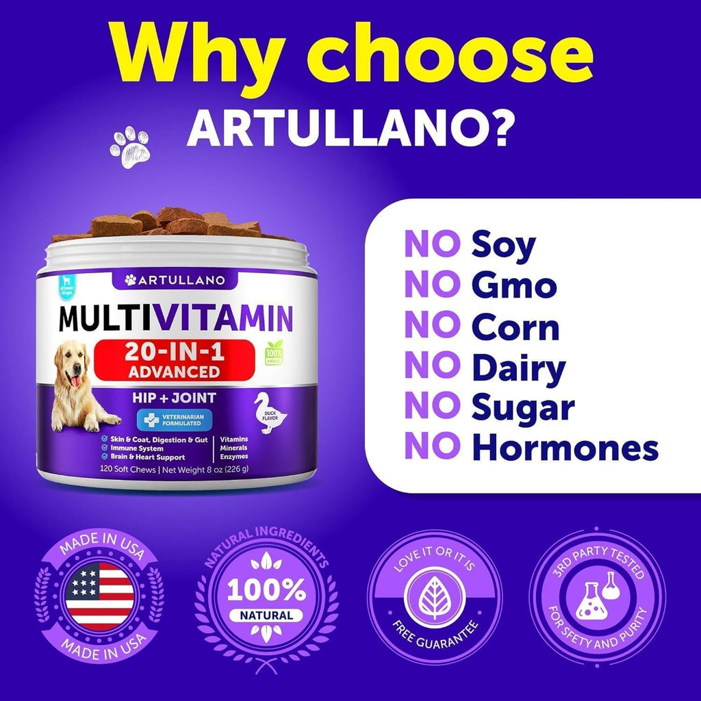 Dog Multivitamin Chewable with Glucosamine 26 in 1 Dog Vitamins and Supplements Senior & Puppy Multivitamin for Dogs Pet Joint Support Health Immunity Mobility Gut Skin 120 Chews