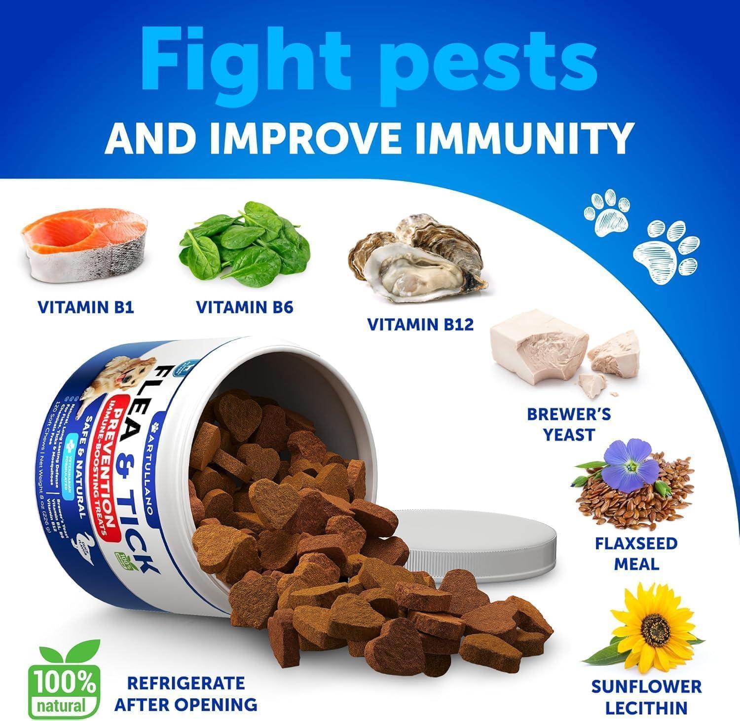 Flea and Tick Prevention for Dogs Chewables   Made in USA   Natural Flea and Tick Supplement for Dogs   240 Immune Support Chews (2 Pack)   Vitamins B1 B6 B12   All Breeds and Ages